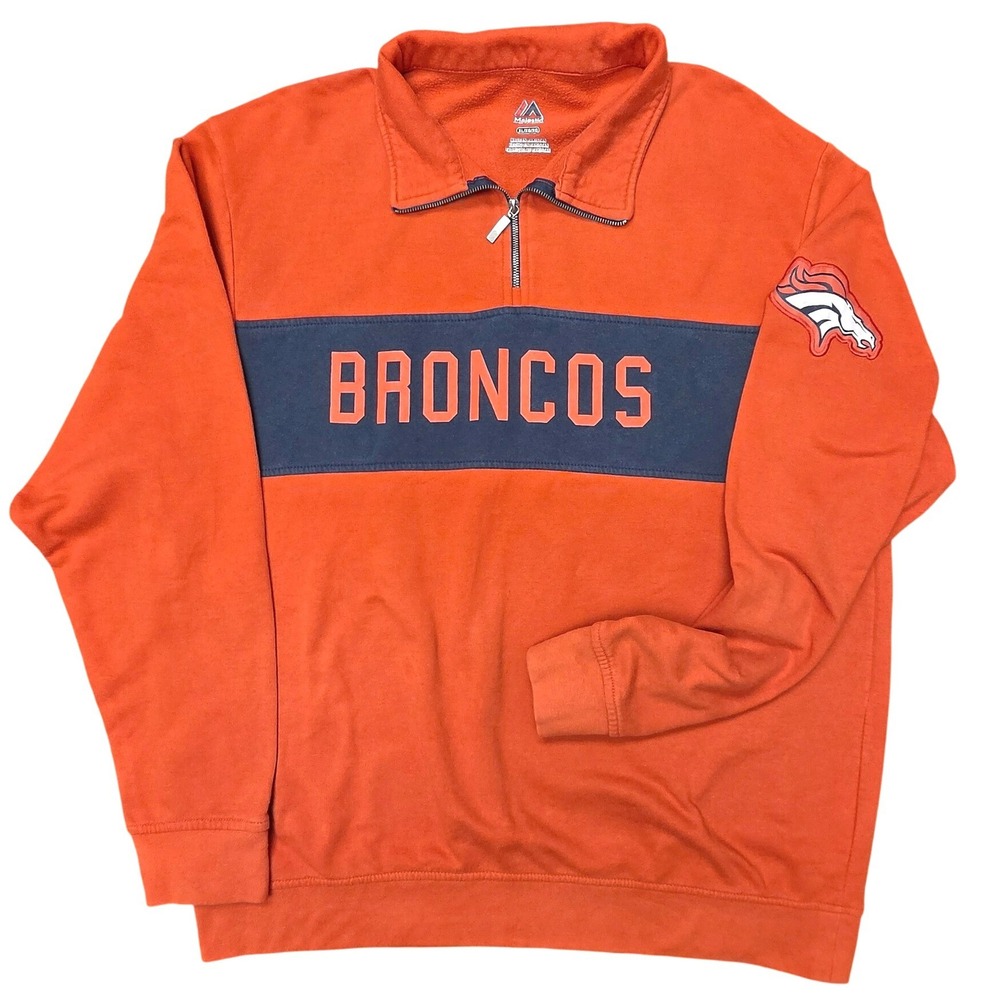 Majestic Denver Broncos Quarter Zip Mens XL Orange NFL Fleece Pullover Gameday